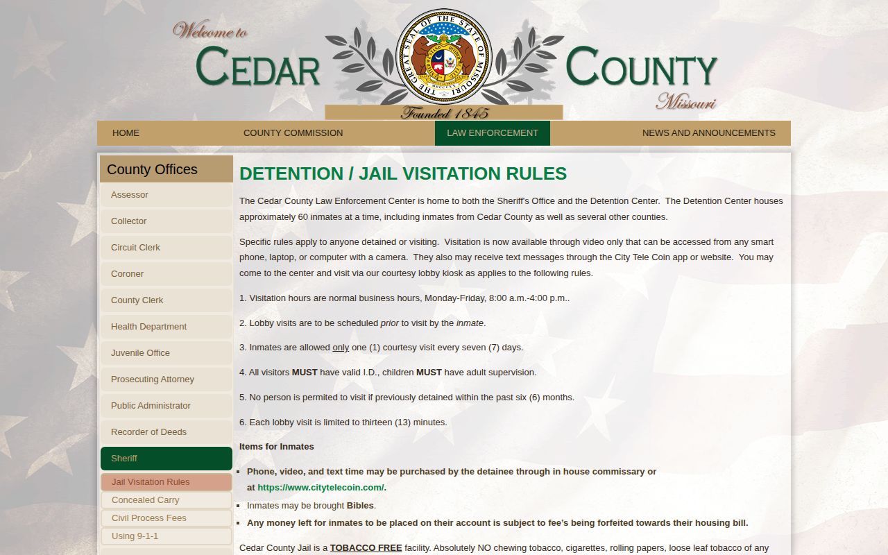 Cedar County Detention Center release records and official jail rules