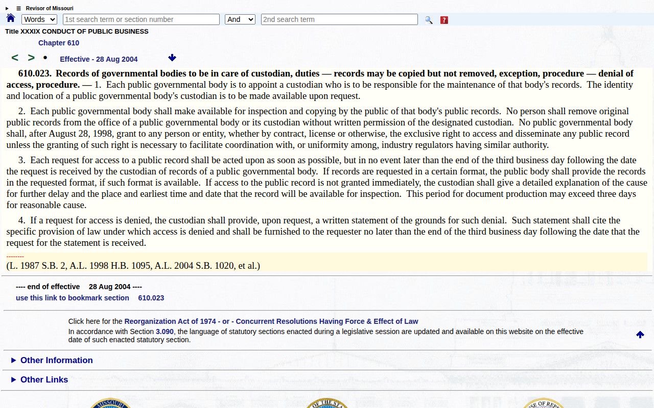 Missouri open records law for Cedar County release record requests