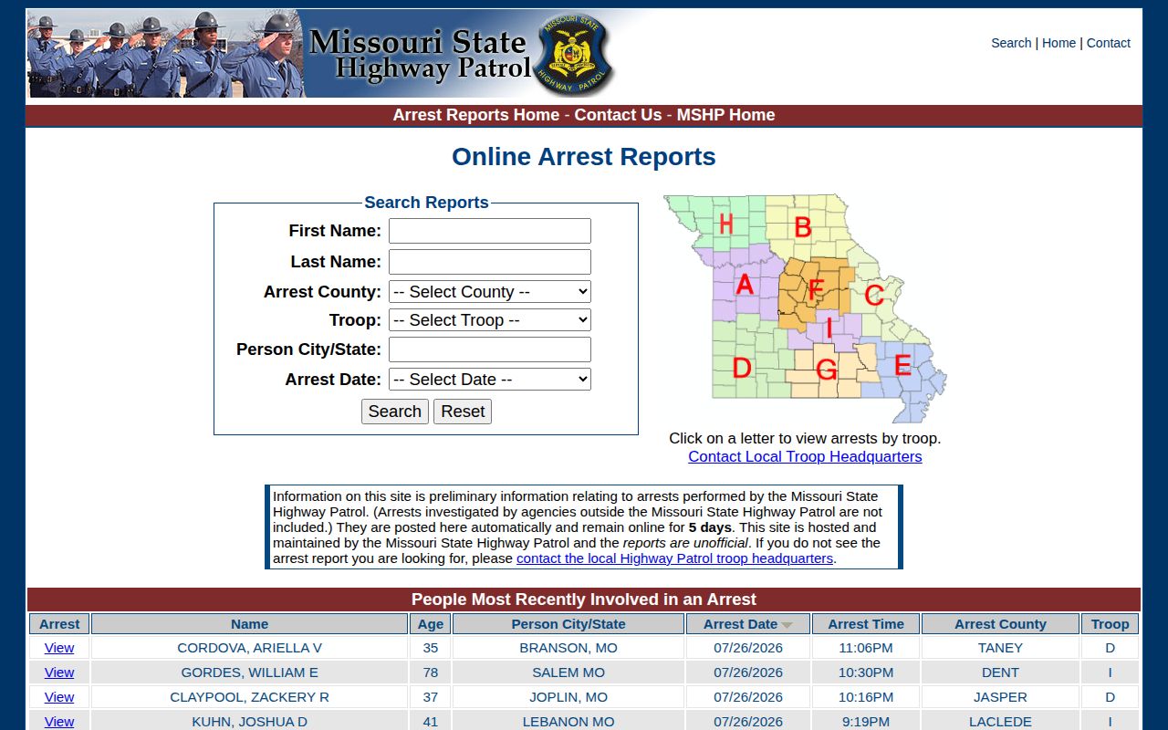 MSHP five-day arrest lead compared with Cedar County release records